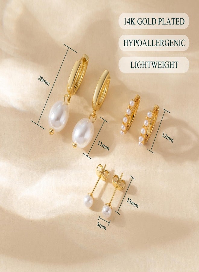 OOOPEL 3 Pairs Pearl Hoop Earrings Set for Women 14K Gold Plated Pearl Earring Set CZ Small Gold Huggie Earrings for Women Trendy Jewelry Gifts - Image 4